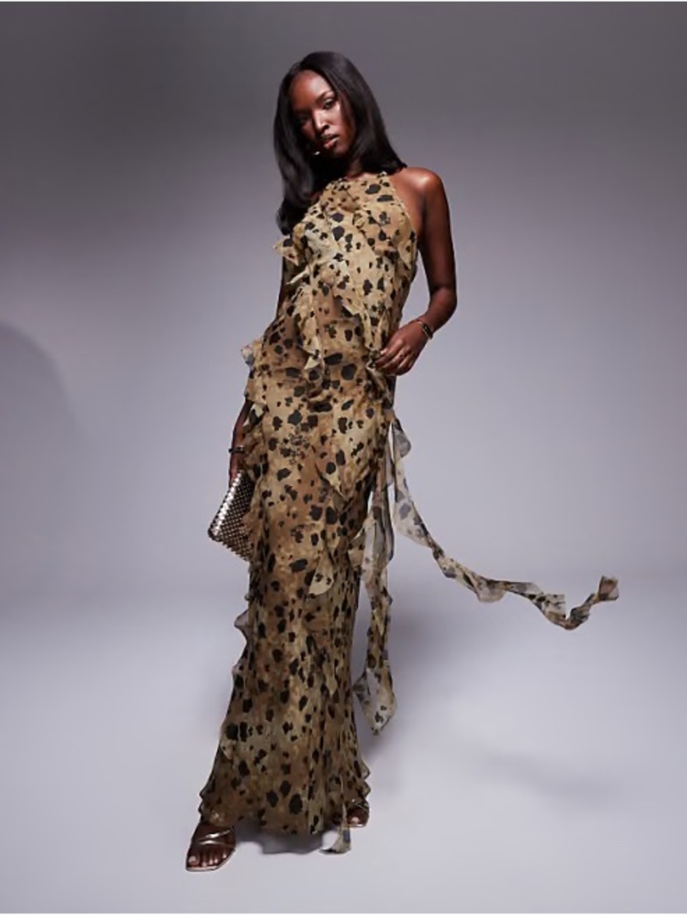 ASOS Leopard Print Ruffle Halter Maxi Dress